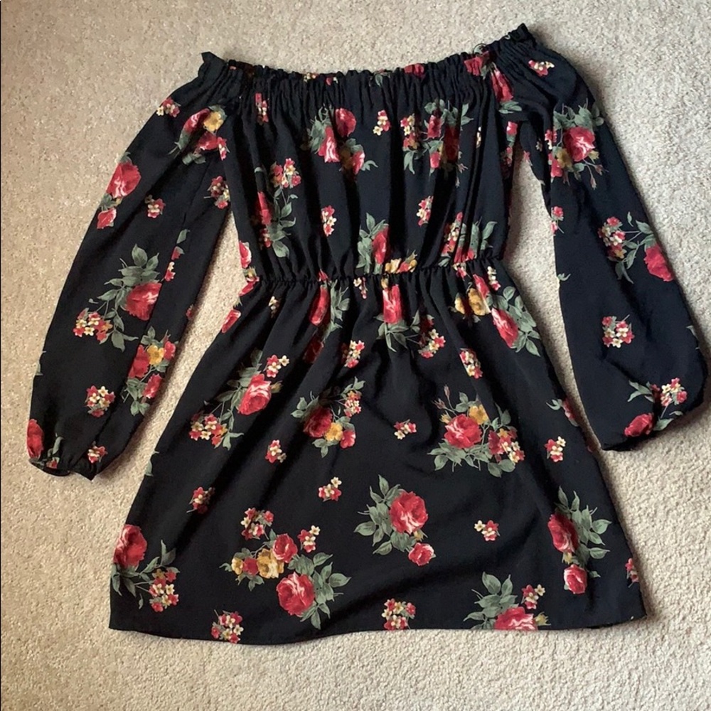Off the shoulder black and floral patterned mini